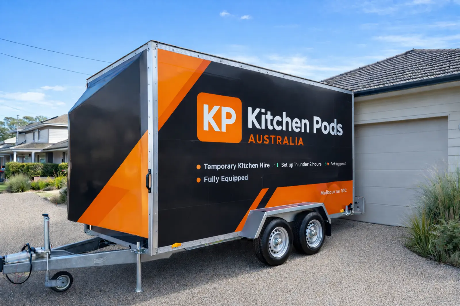 The kitchen pod on its trailer on a Melbourne driveway.